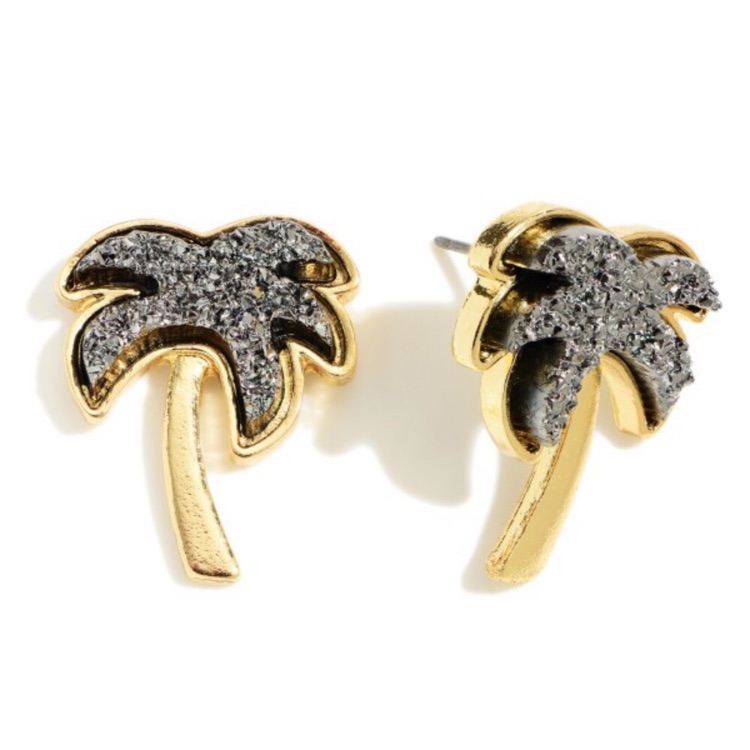Palm Tree Hematite Druzy Stud Earrings 16$